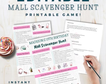 Búsqueda del tesoro en el centro comercial editable, juego imprimible para fiestas de adolescentes, actividad para fiestas de cumpleaños, desafío de selfies, juego en el centro comercial, descarga instantánea