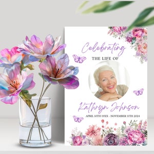 Editable Funeral Program Template, Purple Butterfly Floral, Obituary Template, Order of Service, Celebration of Life, Memorial Service FPB2