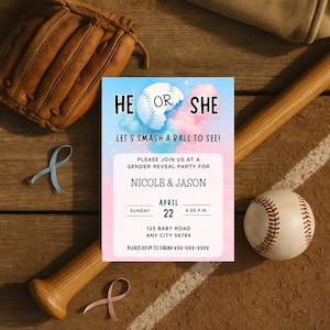 Baseball Gender Reveal Invitation, Boy or Girl He or She, Pink or Blue, Editable Template, Instant Download, Ball Gender Reveal Party