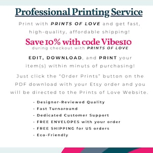以下が含まれることがあります： Prints of Loveが提供するプロの印刷サービス。コードVibesioで10％割引。編集、ダウンロード、印刷を、購入から数分で行えます。デザイナーによる品質チェック、迅速な処理、専任のカスタマーサポート、無料の封筒、日本からの注文に対する無料配送、環境に優しい取り組みなど、さまざまな機能があります。