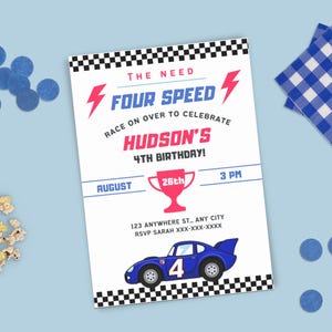 Necesito una invitación de cumpleaños de cuatro velocidades, invitación de cumpleaños de auto de carrera rojo imprimible digital, carrera en el cuarto cumpleaños, editable, cumpleaños de auto