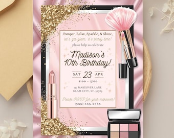 Editable Makeup Birthday Invitation, Glam Teen Party, Instant Digital Download, Makeover Party Invite, Glitz and Glam, Spa Birthday Invite