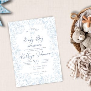 Bewerkbare elegante uitnodiging babyshower babyjongen, blauwe toile uitnodiging, blauwe bloemen babyshower uitnodiging, een lieve babyjongen, toile de jouy babyshower