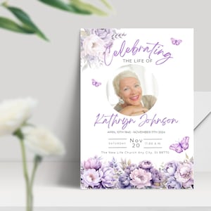 Modèle d'invitation modifiable pour une célébration de la vie, floral papillon violet, élégant, invitation funèbre pour célébrer la vie, FPB3