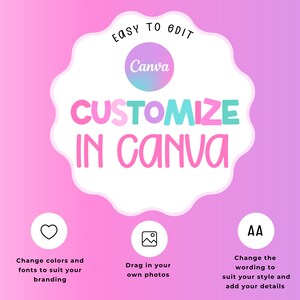 Pode incluir: Um gr&aacute;fico rosa e roxo com o texto "EASY TO EDIT" e "Canva" em um c&iacute;rculo. O texto "CUSTOMIZE IN CANVA" est&aacute; em uma fonte grande e colorida. Abaixo do texto, h&aacute; tr&ecirc;s &iacute;cones: um cora&ccedil;&atilde;o, uma imagem e uma letra "AA". Cada &iacute;cone tem uma descri&ccedil;&atilde;o que explica como personalizar o design.