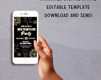 Invito di Capodanno mobile, nero e oro, animato modificabile, festa di Capodanno, invito di dimensioni mobili, invito digitale, modello modificabile