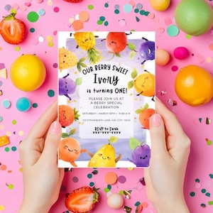 Editable Berry Sweet Turning One Invitation, First Birthday Template, Dancing Fruit Birthday Theme, Instant Digital Download, 1st birthday