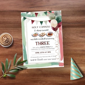 Convite de aniversário italiano Holy Cannoli, convite editável para almôndegas, festa de massas, modelo digital personalizado para impressão, download instantâneo