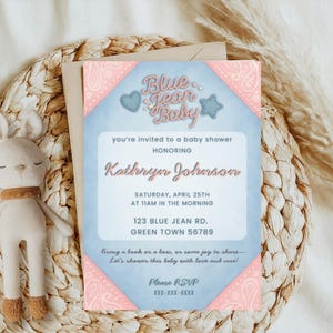 Blue Jean Baby Girl Baby Shower Invitation, Editable Pink Bandana Baby Shower Template, Western Denim Baby Shower Invite for Girls, Canva