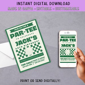 Pode incluir: Um convite imprim&iacute;vel verde e branco para uma festa com tema de golfe. O convite diz "Join us for a Par-Tee to celebrate Jack's 40th Birthday!" com um gr&aacute;fico de bola de golfe. O convite inclui a data, a hora, o local e as informa&ccedil;&otilde;es de RSVP.