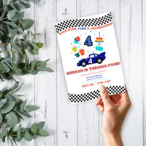 Invitación de cumpleaños para niño con auto de carrera, invitación de cumpleaños con cuatro velocidades en color rojo para imprimir digitalmente, carrera para el cuarto cumpleaños, editable