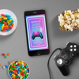 Editable Gamer Birthday Invitation Template, Personalized Video Game Party Template, Digital Neon Glow Gaming Party Invite, Instant Download
