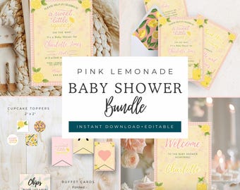 May include: A Pink Lemonade Baby Shower Bundle with invitations, cupcake toppers, buffet cards, and a welcome sign. The invitations feature a lemon and pink gingham design with the text "a sweet little squeeze". The bundle is instant download and editable.