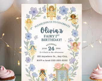 Plantilla editable de invitación de cumpleaños de hadas, flores pastel, fiesta de jardín de hadas encantada, hada primero, invitación caprichosa para fiesta de jardín