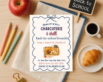 Invitación de brunch de regreso a clases para mamás, invitación imprimible de Charcutería y Chill, plantilla editable, descarga de primer día de clases, Canva
