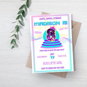 Party Like a Pop Star Birthday Invitation, Karaoke Party, Dance Party Invite, Girls Invitation Template, Neon Rock Star Invite, Editable