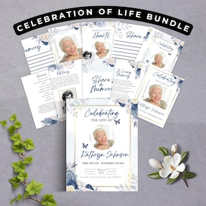 May include: A white and blue floral themed memorial service programme bundle with butterflies and a gold border. The programme includes a service order, obituary, memory page, share a memory page, and a celebrating the life of page. The programme features a photo of a woman and the text "Celebrating the Life of Kathryn Johnson, April 10th 1945 - November 11th 2024, Saturday, Nov 20, 11:00 AM, The New Life Church Any City, St 38770."