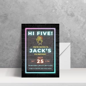 Hi Five 5. Geburtstag Party Einladung Vorlage | Neon Glow Theme bearbeitbar Einladen | Digitaler Download | 5. Geburtstag einladen | Fünfter Geburtstag