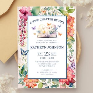 Editable Storybook Baby Shower Invitation, A New Chapter Begins Printable Invite, Fairytale and Vintage Book Theme, Digital Download, Floral