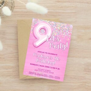 Sparkly Pink Birthday Invitation, Matching Thank You Card Included, Editable Template, Instant Digital Download, 9th Birthday Invite, Canva