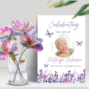 Editable Funeral Program Template, Purple Butterfly Floral, Obituary Template, Order of Service, Celebration of Life, Memorial Service FPB1