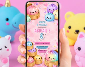 Animated Dumpling Birthday Invitation, Funny Kids Squishy Dumpling Theme, Digital Girl Party Invite, Editable Canva Template