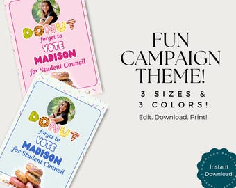 Editable Student Council Poster, Class President Template, School Campaign, Donut Theme, Student Campaign Donut Forget to Vote, Download