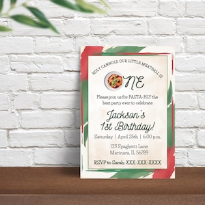 Convite de aniversário de almôndega editável, modelo de convite italiano, 1º aniversário digital instantâneo para impressão, festa de espaguete, Ciao, Holy Cannoli