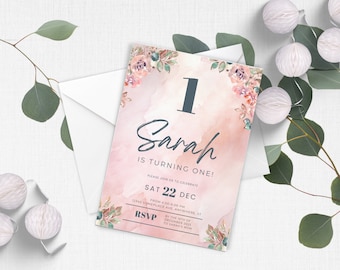 Editable Elegant Pink Floral Birthday Invitation Template, Instant Digital Download, Simple Party Invite, Floral Invitation