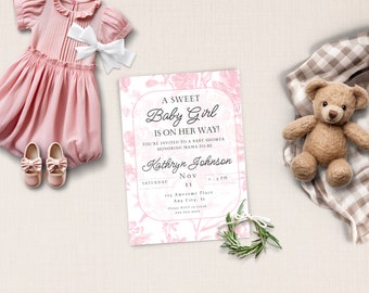 Pink Floral Toile Baby Shower Invitation, A Sweet Baby Girl is On Her Way, Pink Boho, Elegant Pink French Toile Invite, Editable Template