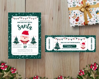 May include: Green and white invitation with a cartoon Santa Claus and the text "Please join us for Breakfast with Santa" and "Saturday, Dec 17th, 9:00 a.m.". The invitation also includes the address "123 North Pole Ln., Christmas City, ST" and the text "Please RSVP to Sarah XXX-XXX-XXXX". A matching ticket with the text "Breakfast with Santa" and "December 17th at 9:00 a.m." is also included. The ticket has the text "Code: 12345" and "Admit One".