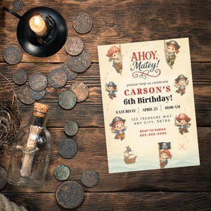 Ahoy Matey Pirate Birthday Invitation Boy, Editable Pirate Party Invite, Nautical Treasure Map 6th Birthday, INSTANT DOWNLOAD, Canva