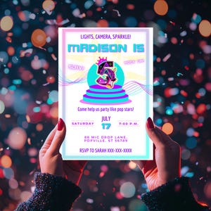 Party Like a Pop Star Birthday Invitation, Karaoke Party, Dance Party Invite, Girls Invitation Template, Neon Rock Star Invite, Editable