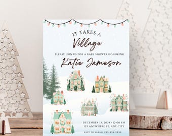Könnte beinhalten: Eine Babyparty-Einladung mit einem Winterdorf-Thema. Die Einladung hat einen blauen Hintergrund mit weißen Schneeflocken und einer Lichterkette. Der Text "Es braucht ein Dorf" ist in brauner Schrift geschrieben. Die Einladung enthält auch den Namen "Katie Jameson" sowie das Datum und die Uhrzeit der Party.