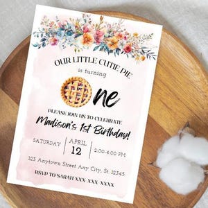 Editable Cutie Pie First Birthday Invitation, 1st Birthday Invite, Cutie Pie Birthday, First Birthday, Editable Canva, Pie Theme, Instant