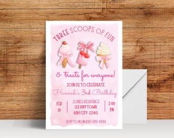 Three Scoops of Fun Ice Cream Birthday Invitation Template | Editable Cute & Simple Design | Digital Download | Ice Cream Invitation