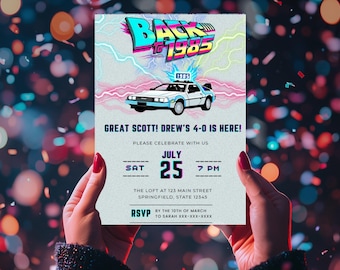 Modelo de convite editável para 40º aniversário, nascido em 1985, tema de festa retrô dos anos 80, aniversário de 40 anos personalizável, convite de aniversário vintage de 1985