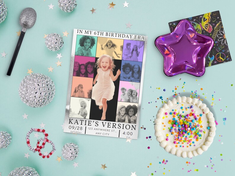 May include: A colorful birthday party invitation with a photo collage of a girl celebrating her 6th birthday. The invitation includes the text "IN MY 6TH BIRTHDAY ERA" and "KATIE'S VERSION". The party details are listed below: 09/28, SATURDAY, 123 ANYWHERE ST., ANY CITY, 4:00 PM.