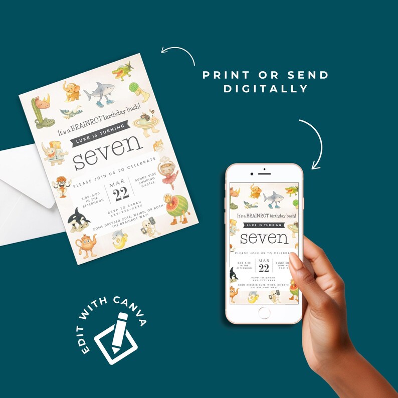 May include: A birthday invitation with the text "It's a BRAINROT birthday bash!" and "Luke is turning seven." The invitation is on a white background with cartoon illustrations. A smartphone displays the same invitation.