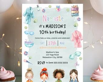 May include: A blue and pink invitation with a watercolor design for a spa-themed birthday party. The invitation says "Namaste it's MADISON'S 10th birthday!" and includes the date, time, and location of the party. The invitation also features four girls in yoga poses.