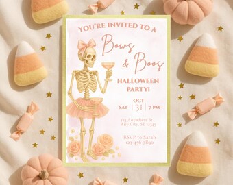 May include: A Halloween party invitation with a skeleton wearing a tutu, holding a cocktail, and surrounded by candy corn, pumpkins, and wrapped candies. The invitation reads "Bows & Boos Halloween Party!" with the date and time.