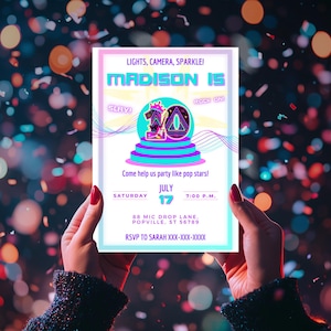 Party Like a Pop Star Birthday Invitation, Karaoke Party, Dance Party Invite, Girls Invitation Template, Neon Rock Star Invite, Editable