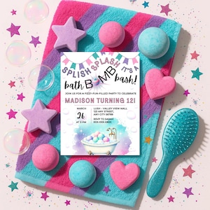 May include: A colorful invitation for a bath bomb party, featuring the text "Splish Splash Bath Bomb Bash!" surrounded by bath bombs, star-shaped soaps, and a teal hairbrush. The invitation is on a striped towel.