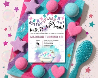 May include: A colorful invitation for a bath bomb party, featuring the text "Splish Splash Bath Bomb Bash!" surrounded by bath bombs, star-shaped soaps, and a teal hairbrush. The invitation is on a striped towel.