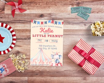 Invitación para baby shower de Little Peanut / Temática de circo / Colores brillantes / Descarga digital / Diseño divertido / Editable en Canva / Invitación imprimible