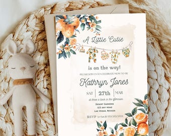 Editable A Little Cutie Baby Shower Invitation Template, Orange Citrus Baby Shower Invite, Instant Download, Orange Invite, Baby Clothes