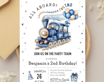 Editable Train Birthday Invitation Template, Chugga Chugga Two Two, 2nd Birthday Party, Minimalist Blue Train Invite, Digital Download