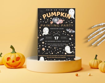 May include: A black and gold Halloween party invitation with a ghost, pumpkin, and bat illustration. The invitation reads "Join us for a Pumpkin Painting Party" and includes the date, time, and location.