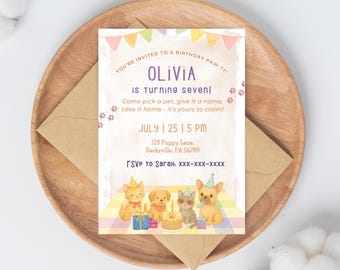 Invitación de cumpleaños para adopción de mascotas, invitación editable para fiesta de cachorros, tema de adopción "Elige una mascota", plantilla imprimible de cumpleaños con temática de cachorros