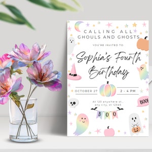 Editable Pastel Halloween Invitation, Holographic Halloween, Spooky Invitation, Halloween Template, Birthday Printable, Halloween birthday